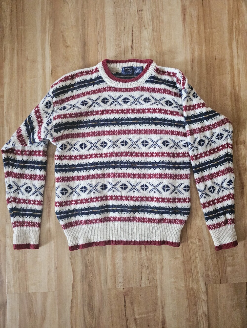 Cambridge Classics 100% Wool Fair Isle Crewneck Sweater - Red, Navy & Cream